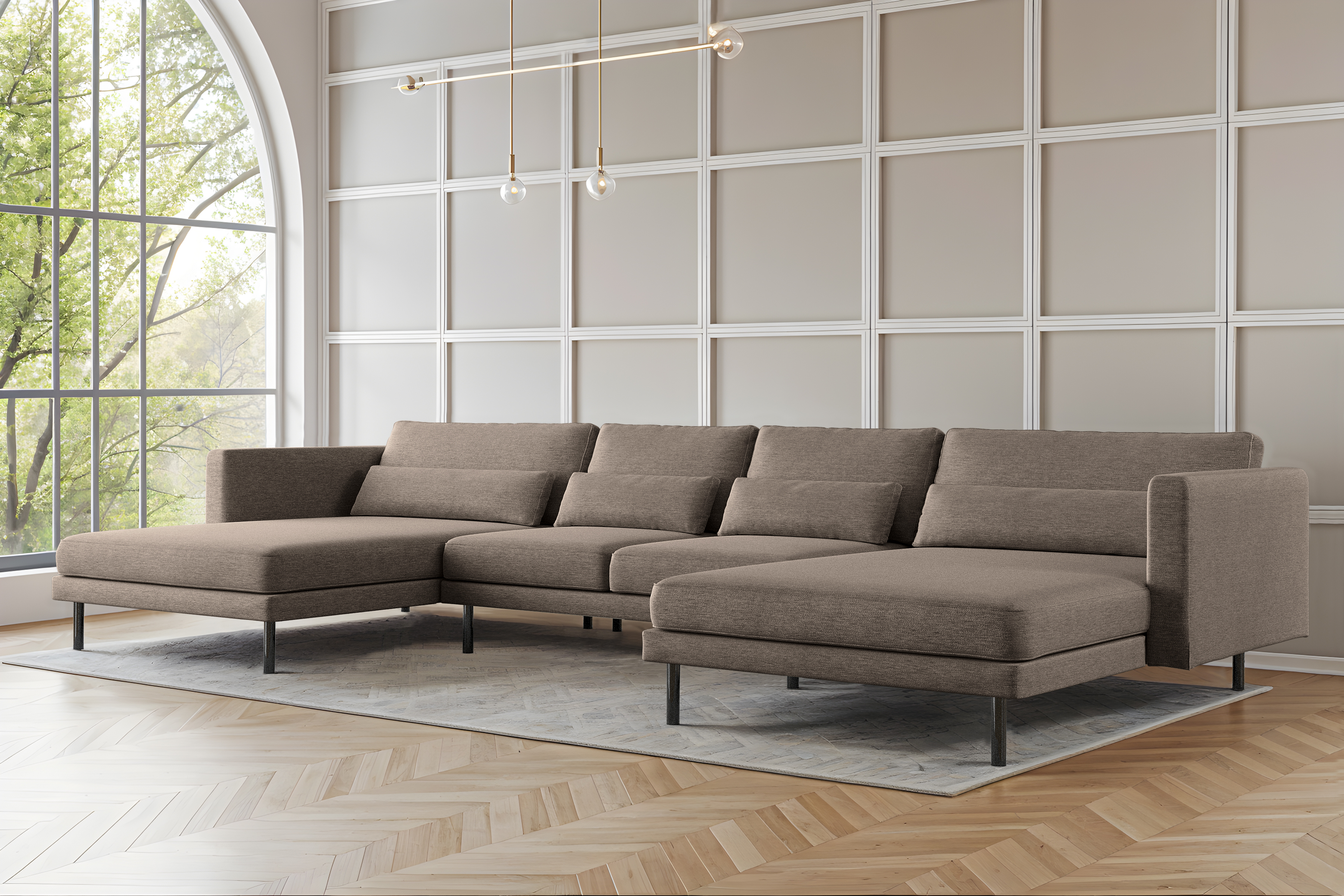 Elegantes Ecksofa DANI U mit Verita-Stoff in modernem Wohnzimmer – großes U-förmiges Sofa mit Kissen und Metallfüßen, Verita 16